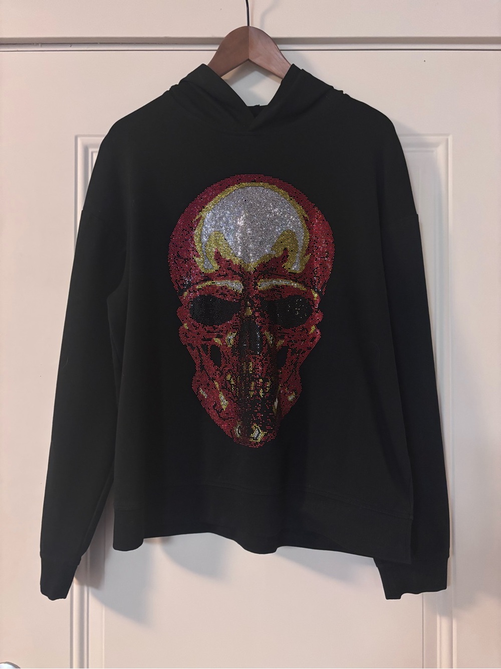 Men’s Black Crewneck Sweater with Red and Gold Skull Graphic